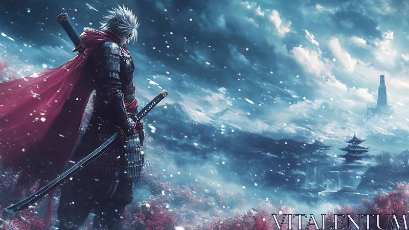 Lone samurai surveys a frozen valley before distant temple