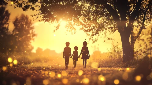 Three children walk through golden autumn sunset light
