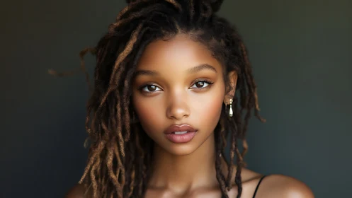 Portrait shows young woman with locs in soft studio light