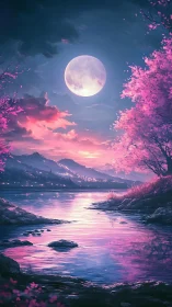 Moonlit cherry blossom lake glowing in soft pastel hues.