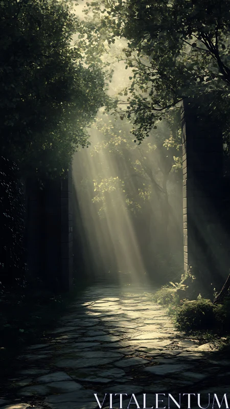 Volumetric sun rays illuminate mossy stone path through ruined archway