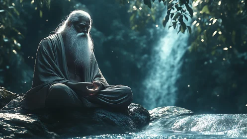 Tranquil sage rests by a gentle forest waterfall in peace