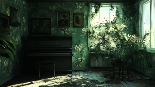Sunlit abandoned piano room slowly reclaimed by lush nature