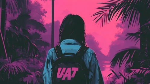 Backpack wearer stands facing neon pink jungle river scene