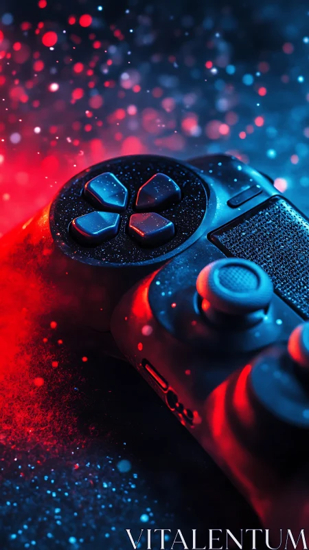 Neon-Illuminated Gaming Controller with Chromatic Particle Effects.
