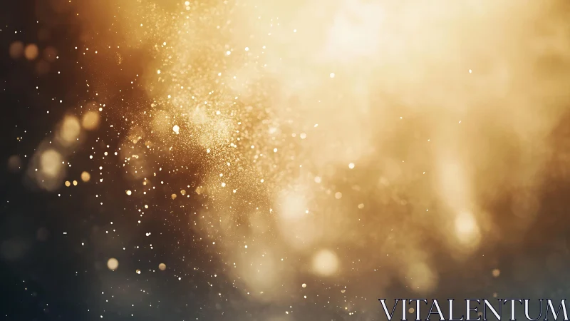 Golden dust particles floating in soft bokeh abstract light background.
