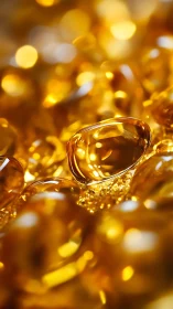 Golden softgel capsules glowing in a dreamy close-up view.