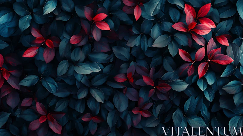 Crimson foliage over deep teal leaves in dense pattern.