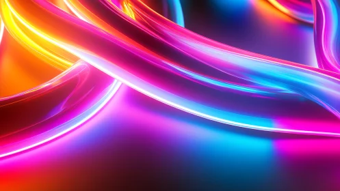 Curved neon light trails on reflective gradient surface.