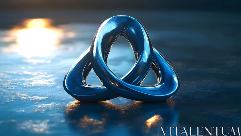 Abstract metallic trefoil knot sculpture on reflective blue surface.