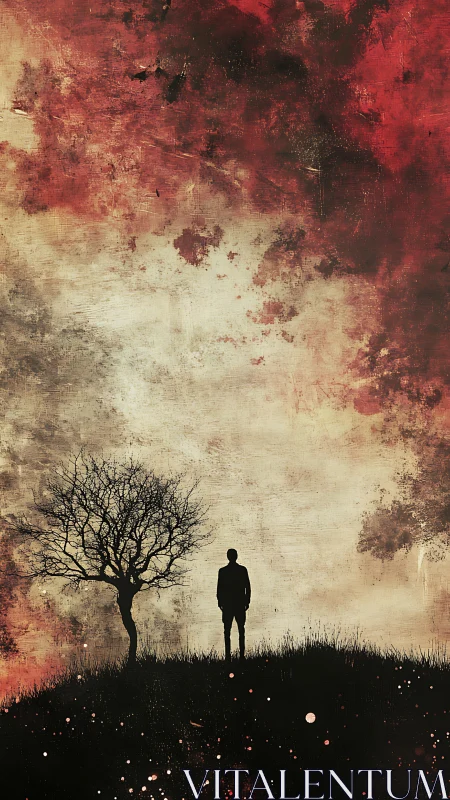 Solitary silhouette listens while the painted sky smolders above