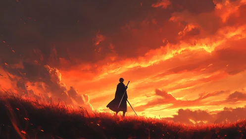 Solitary swordsman silhouetted against a blazing vermilion sky