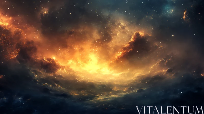 Digital space cloudscape shows luminous central nebular region