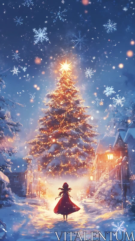 Snowlit child before illuminated village Christmas tree.