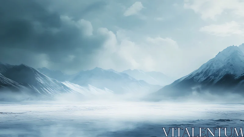 Silent winter fjord wrapped in soft mist and pale light.