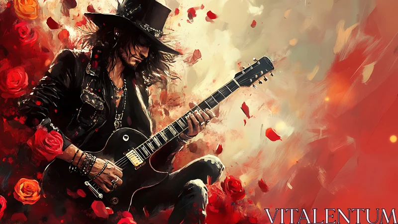Rose-stormed guitar outlaw shredding a crimson love spell.