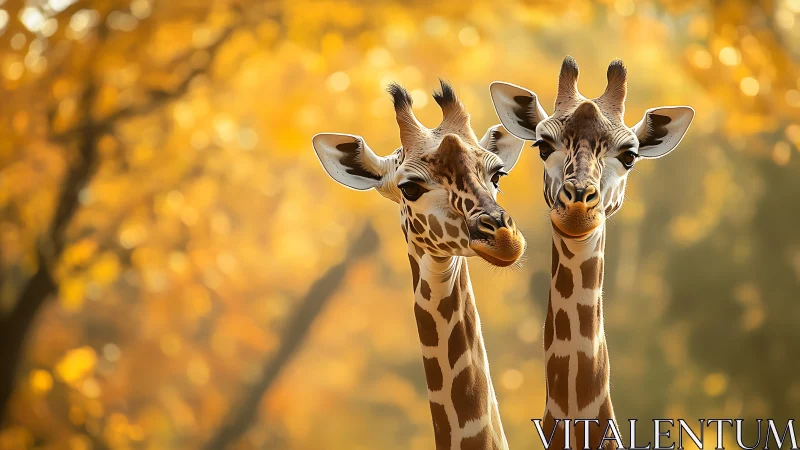 Playful giraffe friends sharing a golden autumn moment.