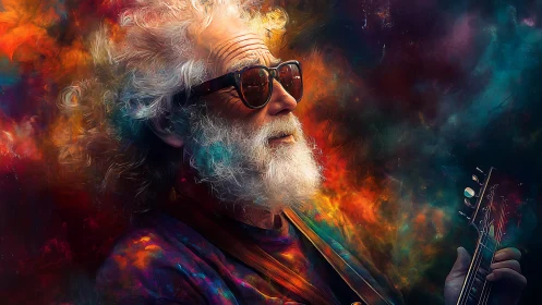 Elder guitarist in cosmic neon colors, digital portrait.