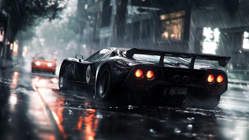 Wet-night rear chase view of GT race car on neon city street