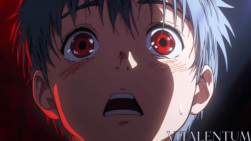 Close-up shows anime character with wide red eyes in shadow