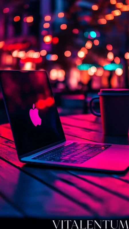 Neon-lit laptop on café table with shallow bokeh field depth.
