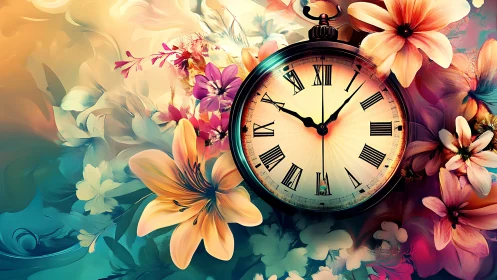 Chronometric pocket watch encircled by chromatic floral gradients.