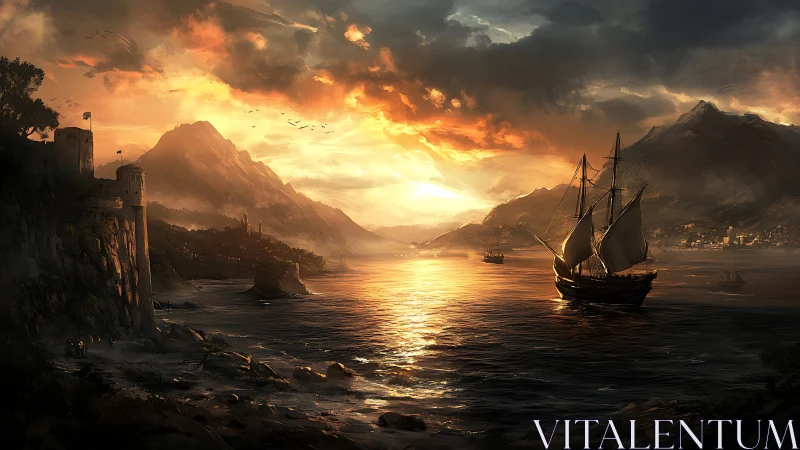 Sunset-illuminated medieval bay with multi-masted trading galleon.