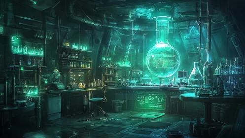 Futuristic laboratory interior shows glowing holographic flask