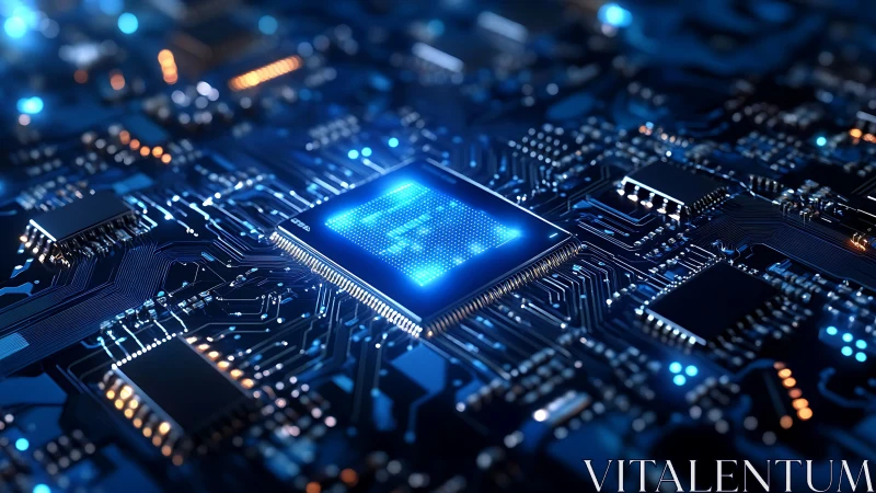 Glowing blue microchip at the heart of a digital circuit board.