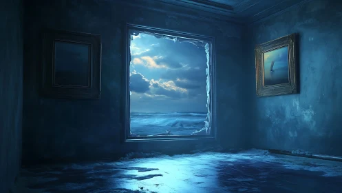 Ocean tide floods a dim blue gallery with dreamlike light