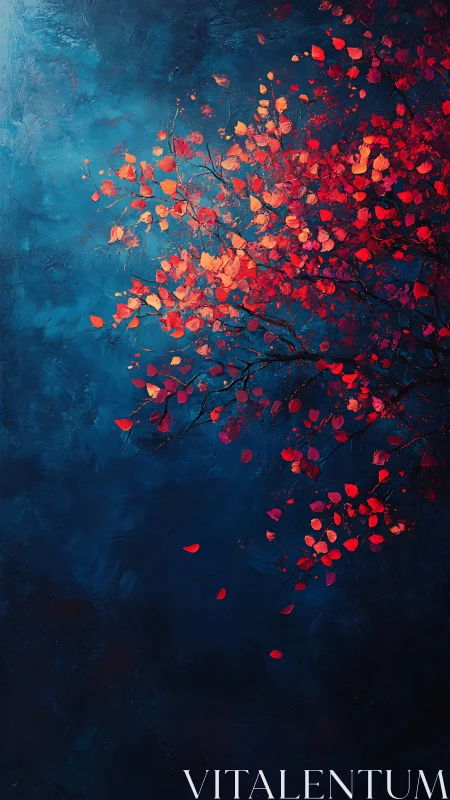 Crimson foliage arcs across textured ultramarine void