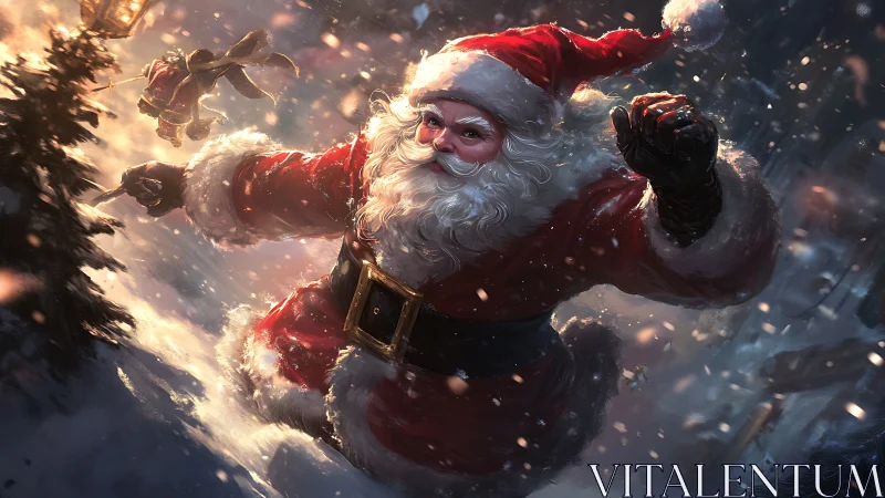 Dynamic Santa sprint in cinematic snowstorm composition.