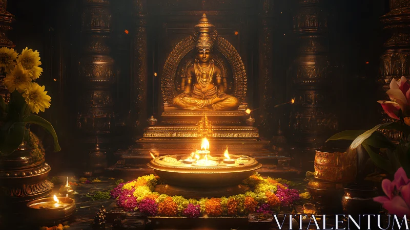 Golden Hindu shrine with deity statue and ritual flames.