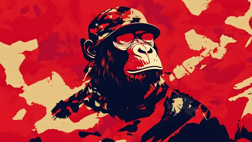 Stylized chimpanzee soldier portrait on abstract red field.