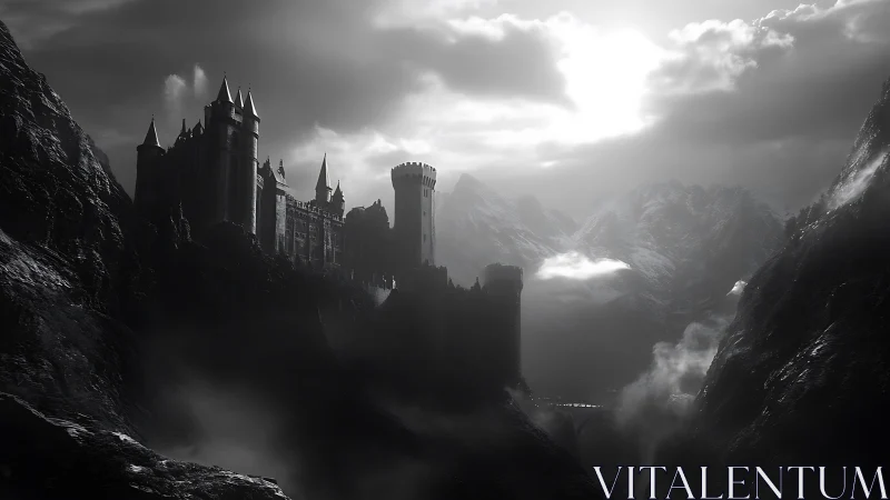 Stormlit fortress dominates misty black mountain valley.
