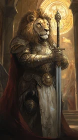 Regal lion knight in gilded armor before radiant sigil.