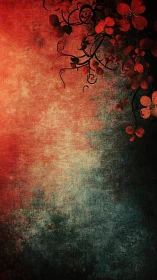 Red floral vines curve over textured red and teal gradient