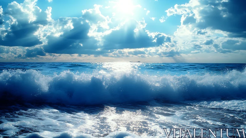 Photorealistic seascape with sunlit breaking waves and clouds.
