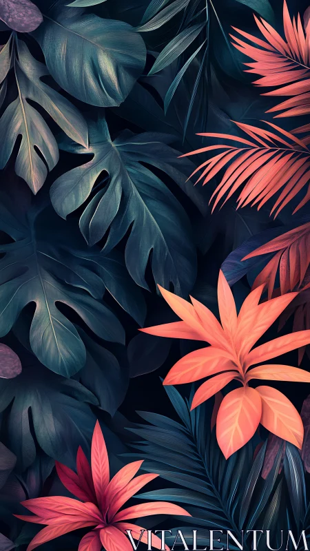 Tropical foliage pattern with contrasting warm and cool tones.