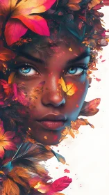 Autumn-eyed muse dissolves into petals, feathers, and fire