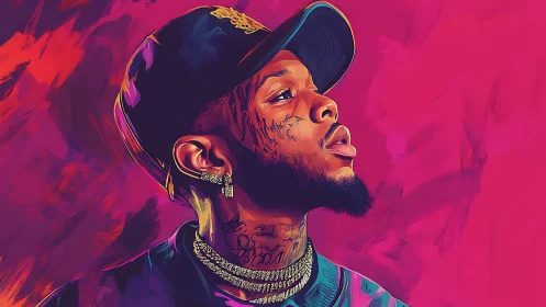 Vibrant digital portrait of tattooed man in cap against pink field