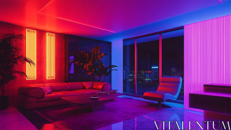 Neon lit modern living room with panoramic night city view.