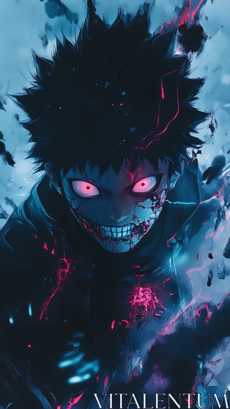 Neon-eyed antihero rising from stormy digital shadows.