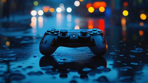 Gaming Controller on Wet Urban Street at Night