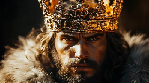 Cinematic close-range portrait of a fur-clad crowned monarch.