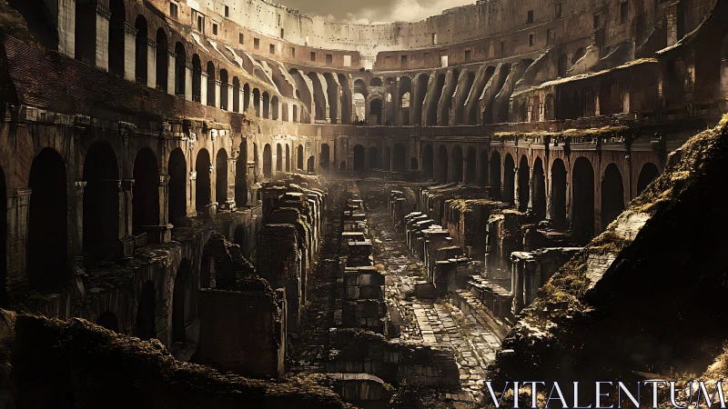 Roman amphitheater interior ruins under dramatic backlight.