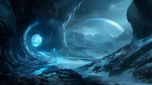 Icy cavern landscape with circular portal and distant planet.
