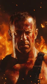 Bloodied muscular figure against intensive flame backdrop.