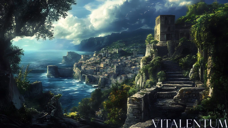 Fantasy coastal cliff city under stormy dramatic sky.