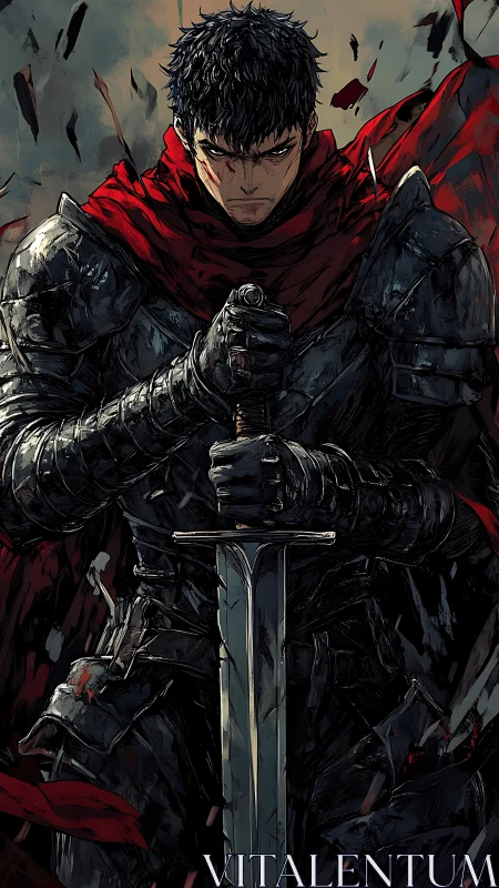 Armored warrior grips greatsword amid dynamic red cloth fragments